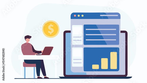 Person working on laptop with financial chart on screen and coin representing earnings nearby visible