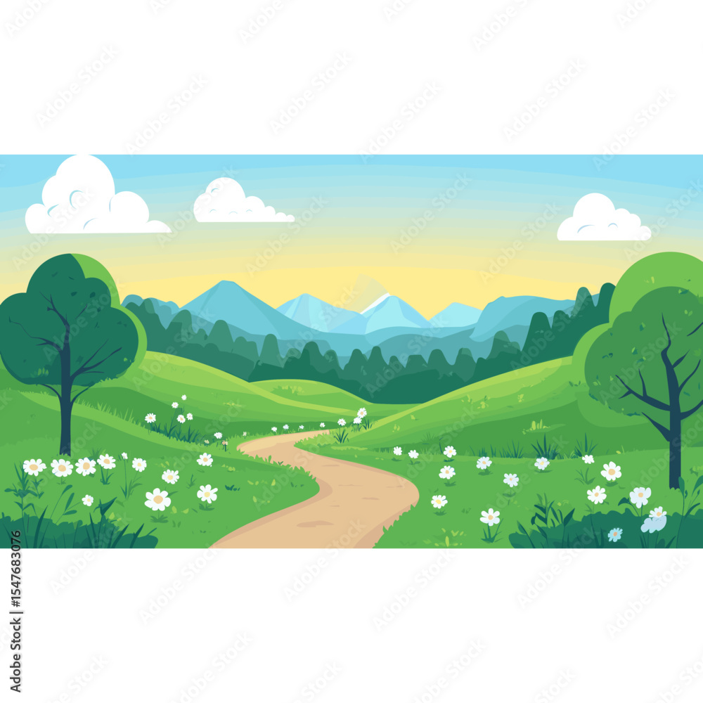 Fototapeta premium An outdoor trail in the mountains outdoors green illustration vector