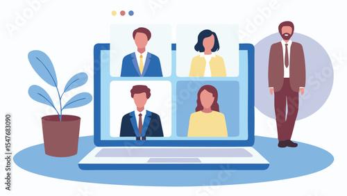 Illustration showing a video conference call with four participants on a laptop and a standing man