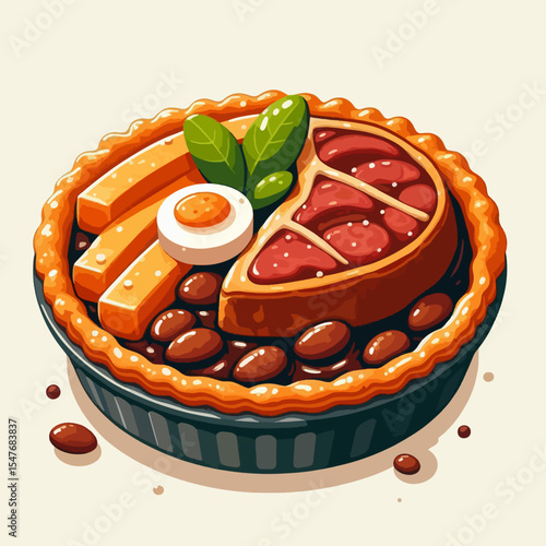 Vibrant, graphic rendering of a pie, featuring a variety of components including beans, meat, and an egg, situated against a pale background.