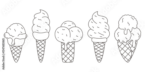 Set of creamy ice cream in waffle cone doodle sketch style set. Milky cooling summer dessert simple outline illustration. Ice cream balls, berry sorbet or cream in cone cup, vector elements