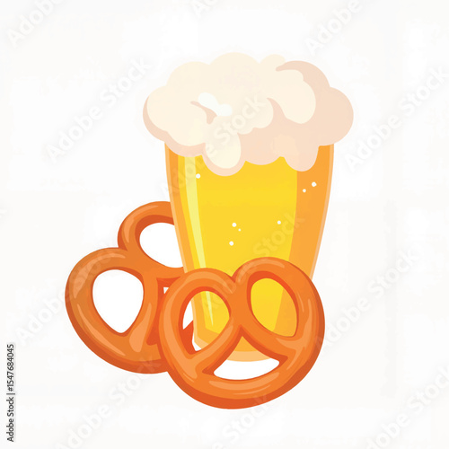 Illustration of pretzels and beer on white background, festive snacks