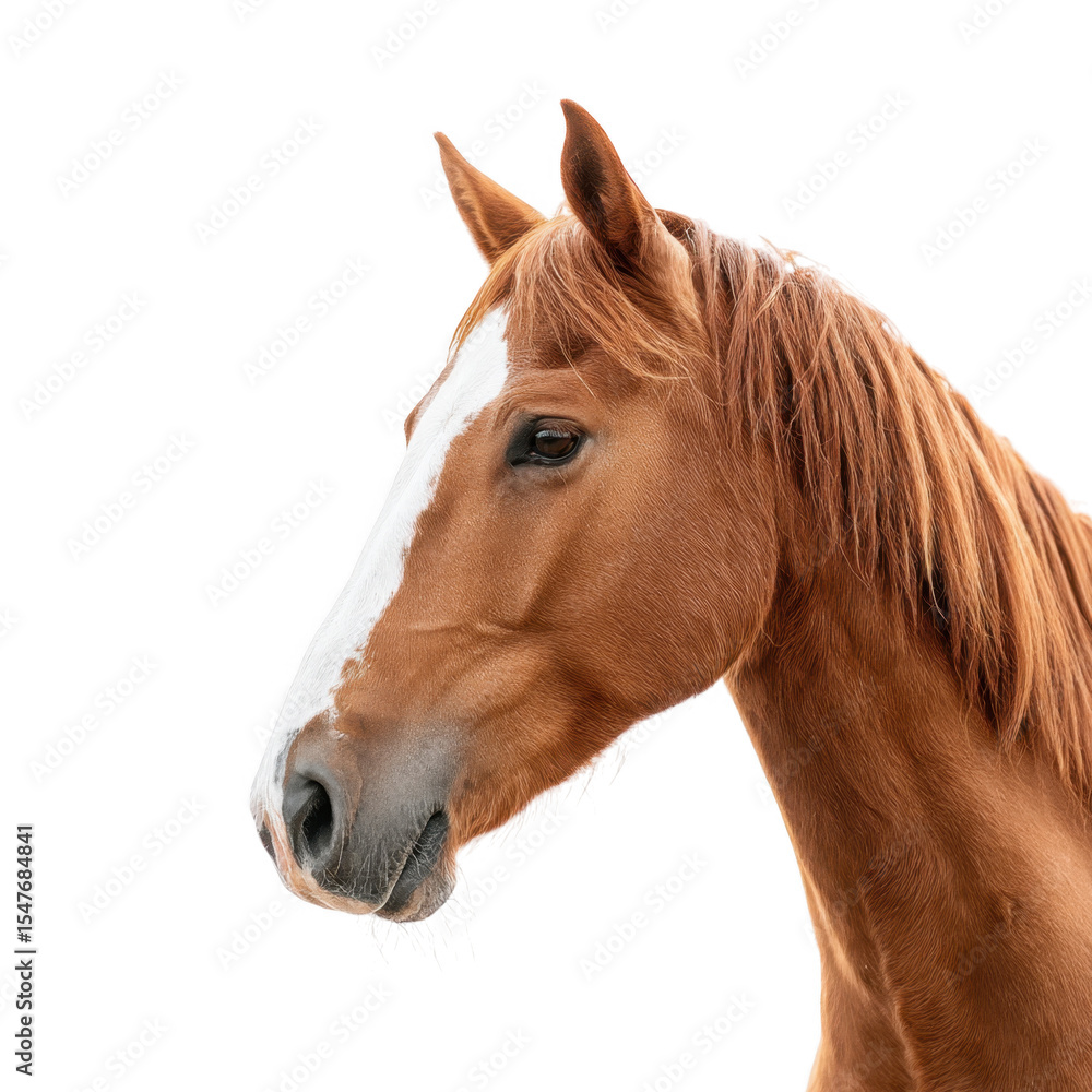 A majestic chestnut horse with a distinctive white blaze stands gracefully against a bright white background. showcasing its elegant features and natural beauty. ideal for equine-themed projects A majestic chestnut horse with a distinctive white blaze stands gracefully against a bright white background. showcasing its elegant features and natural beauty. ideal for equine-themed projects