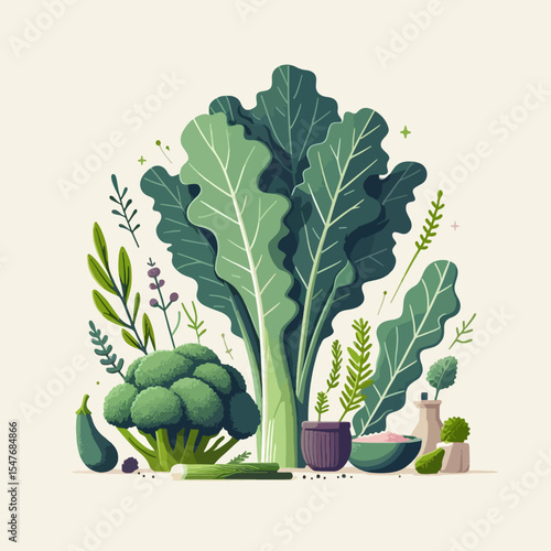 Digital illustration featuring a collection of leafy green vegetables and herbs, presented in a vibrant and stylized manner.