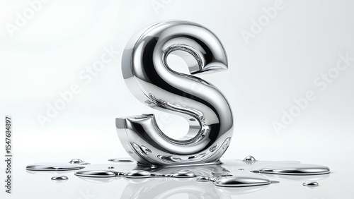 Fototapeta Naklejka Na Ścianę i Meble -  The letter 'S', appearing as liquid metal or mercury, melts into a puddle on a clean white background. This modern abstract concept symbolizes fluidity, change, and futuristic design.