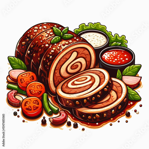 Vibrant illustration of a sliced roast beef roll, surrounded by a variety of colorful vegetables and dipping sauces, with a detailed artistic style.