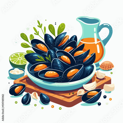 Vibrant illustration shows mussels in a shallow bowl with herbs, lemon, and a sauce.  A small pitcher of oil and a few cloves of garlic are beside it.