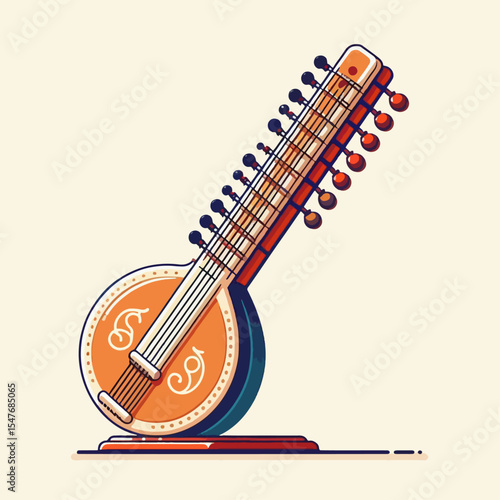 Stylized depiction of a South Asian stringed instrument, showcasing a flat, colorful design style.  The instrument's curved body and strings are highlighted with decorative elements.