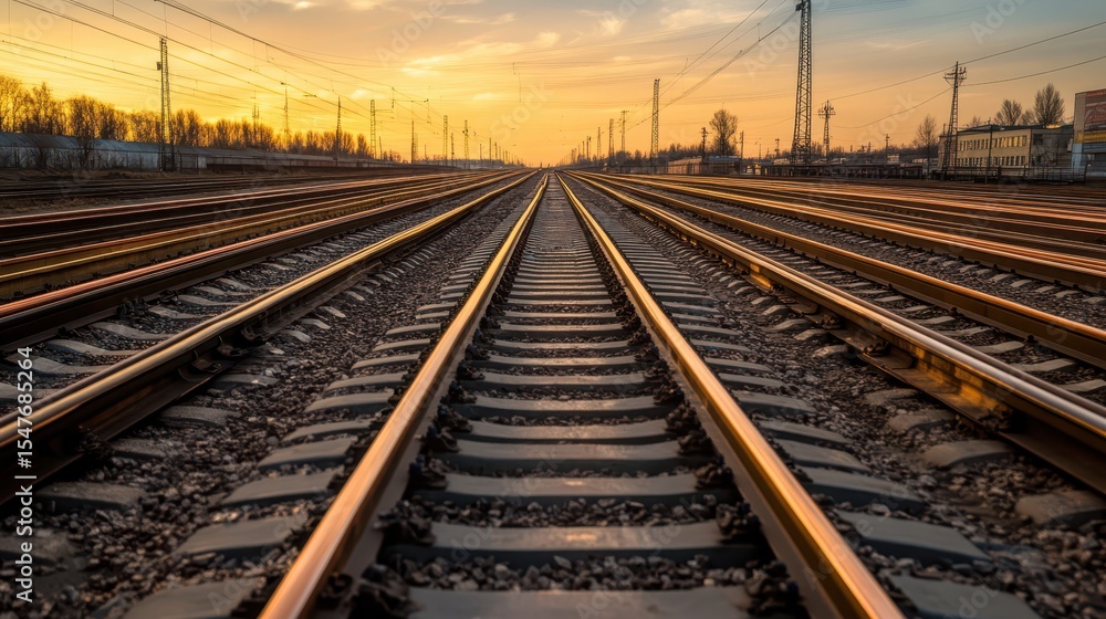 Fototapeta premium Rails Stretching Into Sunset Over a Tranquil Landscape