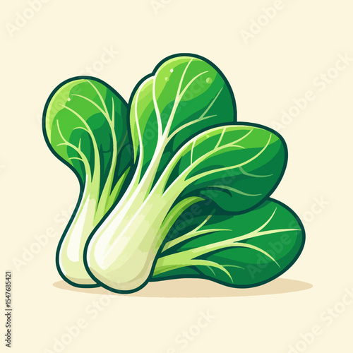 Stylized, cartoon-like illustration of three bok choy leaves, showcasing bright green foliage and creamy white stems.  The image presents a fresh, healthy food item.