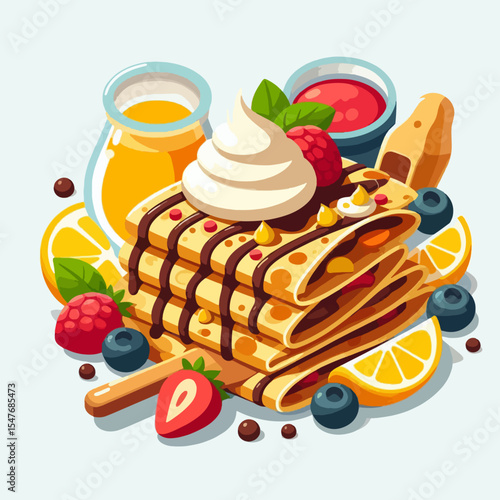 Vibrant illustration showcases a stack of crepes adorned with various sweet toppings, including whipped cream, berries, and chocolate syrup, presented on a light background.