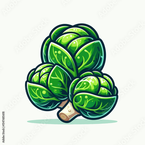 Stylized, graphic depiction of three brussels sprouts clustered together, showcasing the vibrant green leaves and stem.  The image is rendered in a cheerful cartoon design.