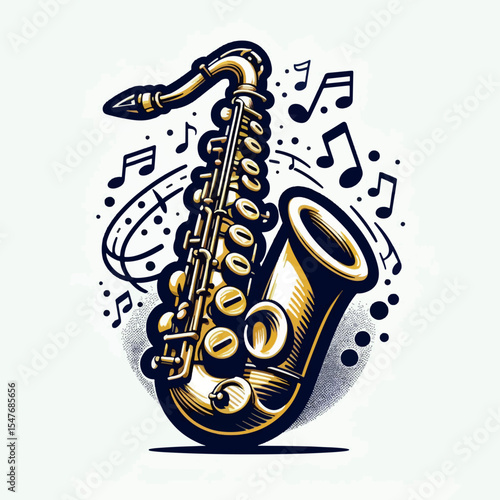 Stylized depiction of a saxophone, highlighted with gold accents and musical notations,  placed against a textured background.