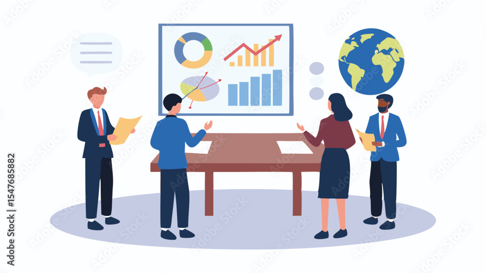 A business meeting with four people discussing charts and graphs with a world globe in the background A business meeting with four people discussing charts and graphs with a world globe in the background