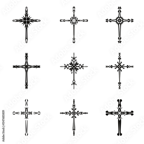 Christian cross vector icon symbols.  Abstract christian religious belief or faith art illustration for orthodox or catholic design. The symbol of the cross in various designs used in tattoo.