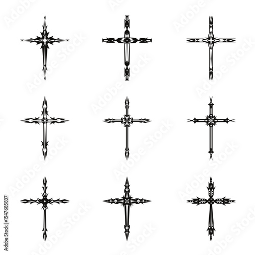 Christian cross vector icon symbols.  Abstract christian religious belief or faith art illustration for orthodox or catholic design. The symbol of the cross in various designs used in tattoo.
