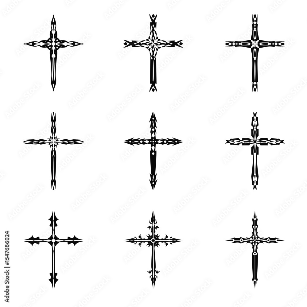 Fototapeta premium Christian cross vector icon symbols. Abstract christian religious belief or faith art illustration for orthodox or catholic design. The symbol of the cross in various designs used in tattoo.