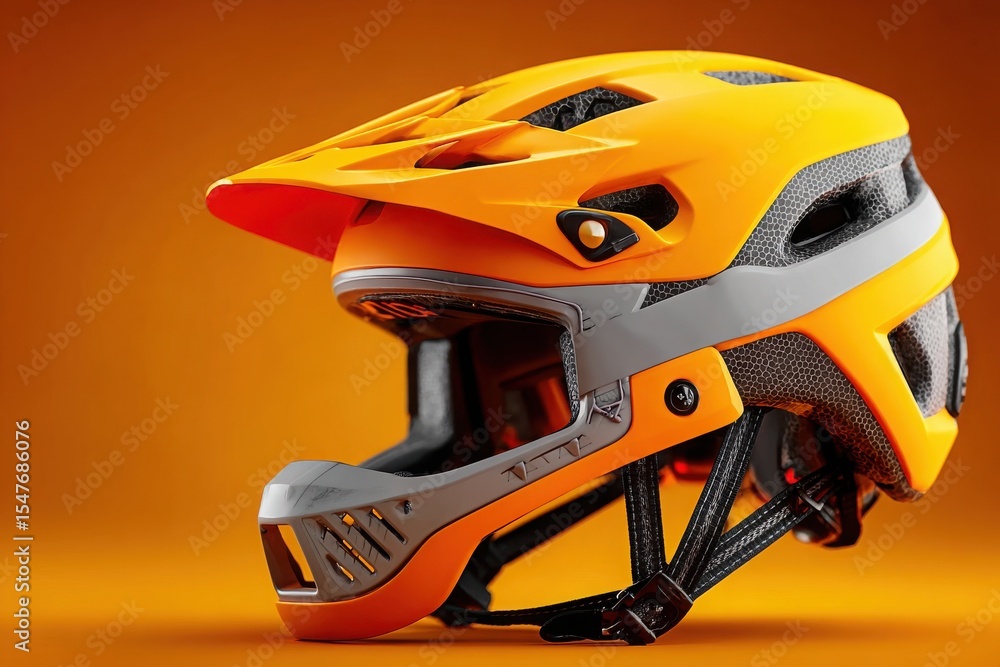 Naklejka premium A vibrant yellow helmet with visor against amber backdrop