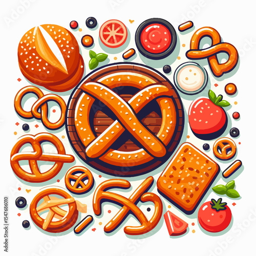 A vibrant illustration of various pretzel shapes, bread, crackers, and condiments arranged on a white background.