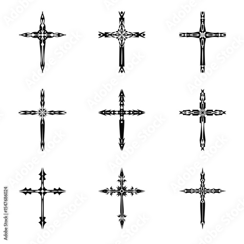 Christian cross vector icon symbols.  Abstract christian religious belief or faith art illustration for orthodox or catholic design. The symbol of the cross in various designs used in tattoo.
