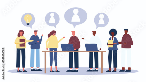 Group of diverse professionals collaborating around a table with laptops and speech bubbles above their heads