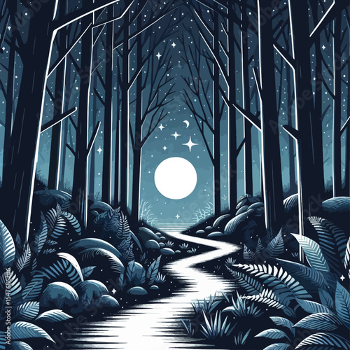 Stylized illustration of a moonlit forest path, featuring a winding trail through dense woods, dotted with rocks and plants, illuminated by a large full moon.