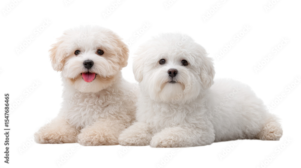 Obraz premium Two adorable fluffy puppies of different shades lounging together on a clean white background. showcasing their playful nature and soft fur. ideal for pet-related content