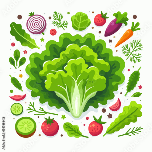 Vibrant, graphic illustration of various fresh produce, arranged around a central bunch of lettuce.  The style is flat and stylized, emphasizing the freshness and healthy qualities of the food items.