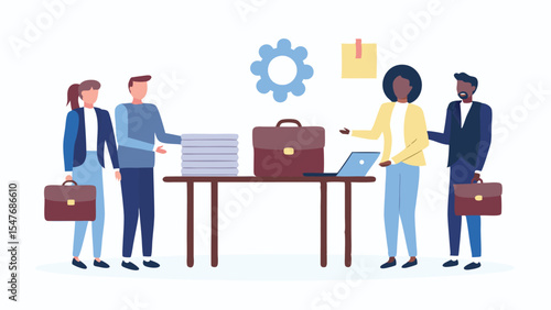 Illustration of a diverse group of business professionals in a modern office environment setting scene