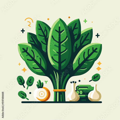 Stylized image showcases a bunch of spinach with complementary vegetables, presented in a vibrant, modern design style.