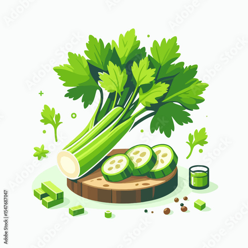 Vibrant illustration of celery stalks, slices, and cucumber pieces displayed on a wooden cutting board, accompanied by a small juice glass and spices.  The image highlights various fresh food items.