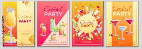 A set of design templates for cocktail party invitations. Mojito cocktail, tequila sunrise, old fashion, Manhattan, pina colada, margarita, mai tai, cosmopolitan. Vector illustration in A4 format