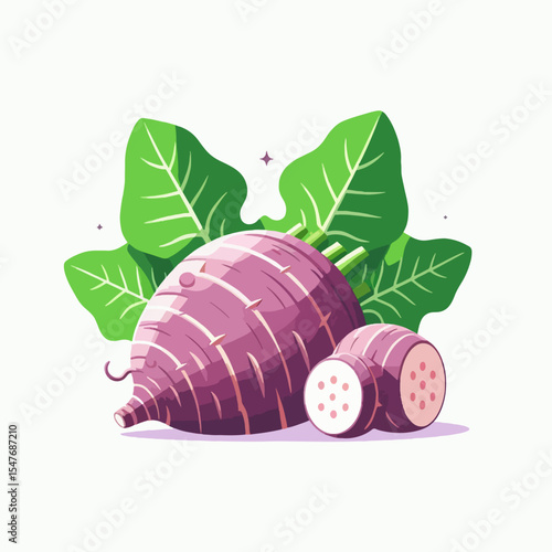 Digital illustration of a whole and sliced purple sweet potato, accompanied by green leaves, presented on a white background.  The design is vibrant, and flat, modern.