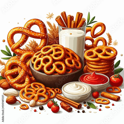 Vibrant still life display of various pretzels, snacks, and dairy products, like milk, cream and sauce, on a white background.  The image is decorated with colorful spices and nuts.