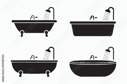 vector icons of four different bathtubs with shower heads in black and white for interior and plumbing design