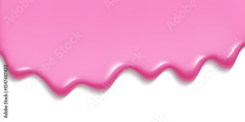 Melting pink ice cream flowing on transparent backdrop - glossy strawberry liquid drip with wavy edges. Sweet frozen dessert melt for candy graphics, food packaging or summer treat illustrations.