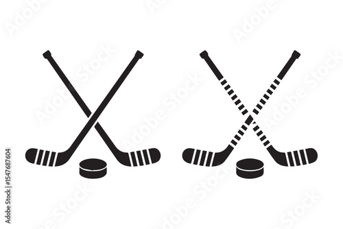 minimalist vector of crossed hockey sticks and puck, perfect for ice hockey projects, templates, and logo concepts