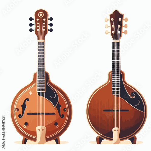 Two stylized mandolin illustrations are displayed in a side-by-side comparison, highlighting design features and showcasing the instrument's traditional style.