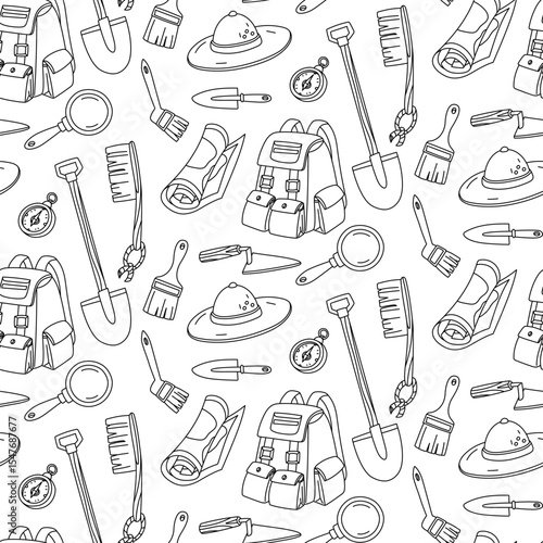 Pattern of an archaeologist's doodle items. Items for work, digging up history. Brushes, map, shovel, compass, hat, and backpack are made of seamless fabric. for scientific posters, books, articles