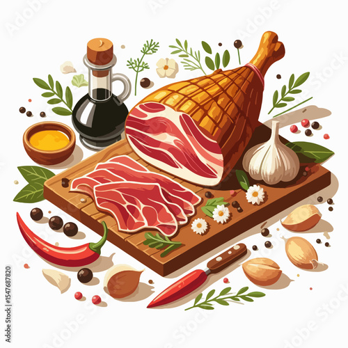 Colorful illustration of a cured ham, sliced, and arranged on a wooden cutting board, surrounded by various spices, herbs, and oil.
