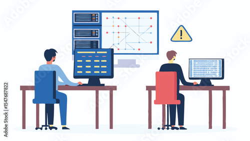 Two programmers working at computers in a server room with a network diagram and warning sign on the wall