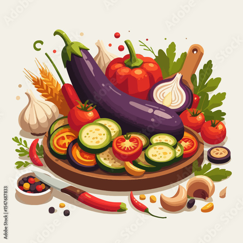 Vibrant illustration of various vegetables on a cutting board,  with herbs, spices and other ingredients. The illustration depicts a healthy food arrangement.