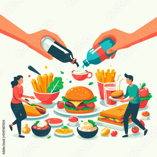Vibrant illustration of people preparing and enjoying various kinds of fast food.  The artwork showcases a table set with several meals and drinks.