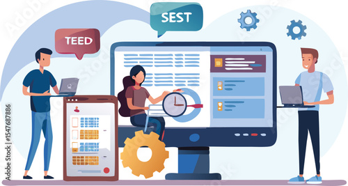 Team collaboration with teed and sest on digital devices including computer and phone for project management