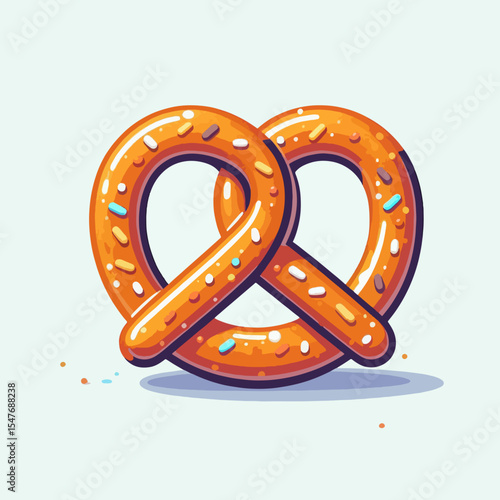 Cartoonish, colorful illustration of a pretzel, highlighted by a sugary topping.  It features a simple design with distinct colors.