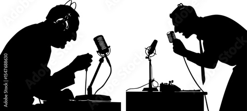 Silhouettes of Radio Broadcasters or Podcasters Speaking into Microphones