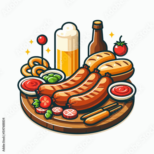 Vibrant graphic depiction of a wooden platter piled high with grilled sausages, bread, beer, pretzels and various accompaniments.