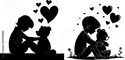 Child with Teddy Bear and Hearts - Love and Comfort
