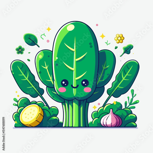 Cheerful, cartoonish depiction of spinach, highlighted with additional healthy vegetables and a whimsical design.