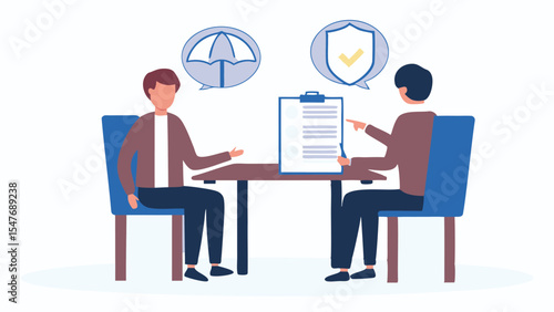 Two individuals discussing insurance options with umbrella and shield icons above their heads at a table